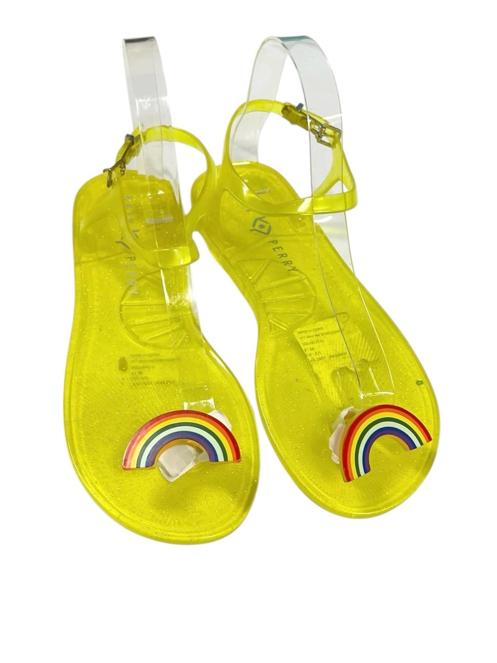 🌈NEW w/tag Katy Perry Geli Sandals Yellow Rainbow Glitter Jelly Sandals Size 9